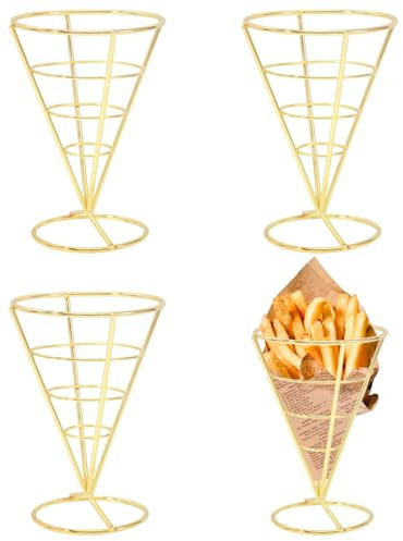 CHGCRAFT 4 Stück Pommes Frites Ständer Kegel Korb Pommes Frites Halter Eisen Kegel Halter Wiederverwendbarer Snack Korb für Haus Party Küche Restaurant Cafe Tisch servieren, Gold, 148×101×132mm