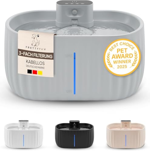 Pretty Paw Kattvattenfontän 3L Trådlös med Rörelsesensor – Tyst Uppladdningsbar Vattenlösning för Inomhusbruk - Aqua Sense (Grå)
