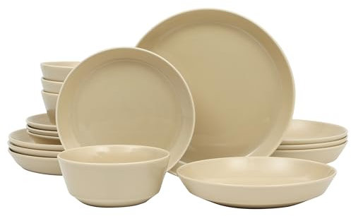 Gibson Home Summer Shades 16 Piece Plates and Bowls Dishes Service for 4 Porcelain Dinnerware Set - Taupe