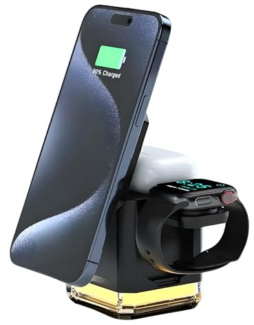 HEAVEN TECH Chargeur sans Fil 3 en 1 – Chargeur Induction Magnétique Pliable avec Lumière LED 4 en 1,Support de Voyage pour iPhone,AirPods et Apple Watch