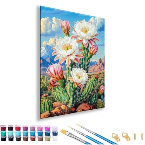 Malen nach Zahlen ab 7 8 9 10 11 12 Jahre Mädchen, Malen nach Zahlen Erwachsene Kaktus Paint by Numbers Blume DIY Painting by Numbers Set für Deko Wohnzimmer, Geschenke für Frauen 70 x 90 cm I-9