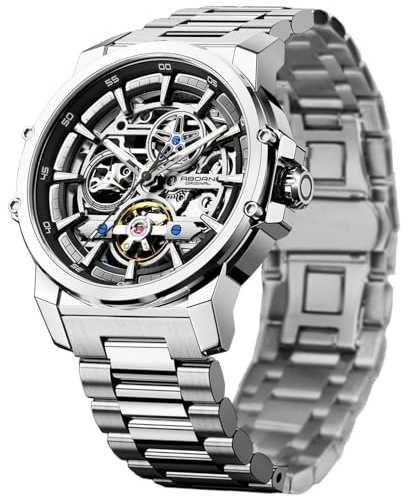 FORSINING Men's Luxury Automatic Skeleton Mechanical Watch, Industrial Style Self-Winding Hollow Watches with Tourbillon & Luminous Function, Stainless Steel Strap Mens Wristwatch, Silver