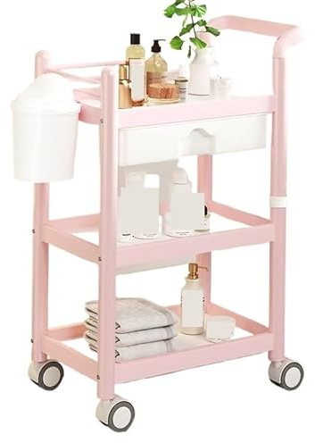 WENFEN Lagerwagen, Friseurwagen, Rollwagen mit großer Kapazität, Armlehnen und Schiebeschubladen, mehrschichtige Lagerung, multifunktionales Wagen-Lagerregal(Pink)