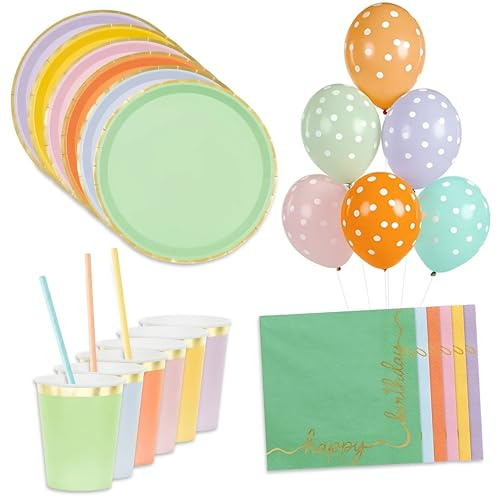Decoraparty Kit Stoviglie Arcobaleno per 6 Persone, per Festa Compleanno, 6 Bicchieri, 6 Piatti, 12 Tovaglioli, 10 Cannucce, 6 Palloncini - Addobbi Decorazioni Colorate da Tavola Happy Birthday