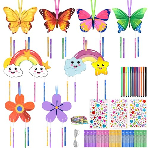 76PCS Windspiel Bastelset Kinder, Regenbogen Schmetterling Bastelsets für Kinder, DIY Holz Basteln Kindergeburtstag Spiele mit Aquarellstift Edelsteinaufkleber für Mädchen Junge Geburtstagsfeier Deko
