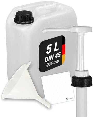 Trevendo Kanister Set - Wasserkanister (5 Liter, DIN 45, Ø35mm) - lebensmittelecht & BPA-frei - inkl. Deckel, Dosierpumpe, Trichter & Beschriftungsetikett
