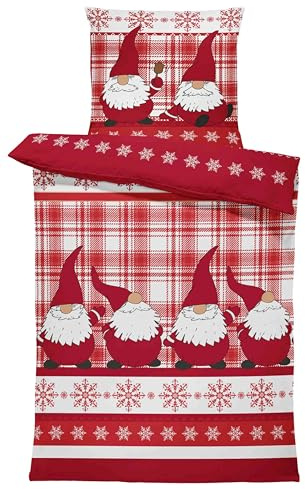 one-home Winter Biber Bettwäsche Baumwolle Kuschelig Flauschig Warme Weiche Flanell Bettbezüge Modern, Größe:2 teilig 135x200 cm, Farbe:Wichtel Weihnachten rot