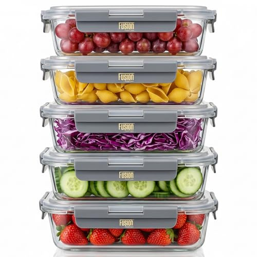 Fusion Food Care Glass Containers with Lids - 5 Pack Glass Food Storage Set | 1040ml Airtight Leakproof Borosilicate Glass Meal Prep Containers, Microwave, Oven, Freezer Storage Boxes & Dishwasher Safe