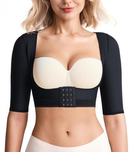 Nebility Women Compression Arm Shaper Sleeves Post Surgical Slimmer Humpback Posture Corrector Tops Shapewear Front Fastening Sports Bra (Black, 3XL)