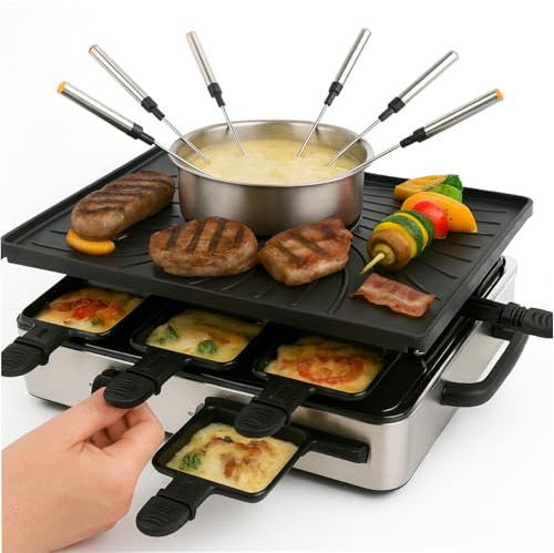 Raclette Fondue-set för 8 personer – med gryta och grillplatta – inkl. pannor och skrapa (Fondue-set)