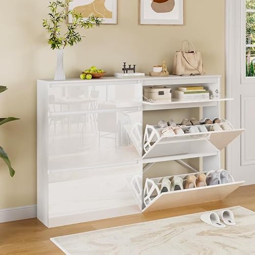 Wumagin Schuhschrank Schmal 80x110cm, Freistehendes Schuhregal mit Hochglanz & 2 Klappen, Verstellbare Einlegeböden für 12-16 Paar Schuhe bis Größe 42, Schuhkipper mit Ablage für Flur & Eingang