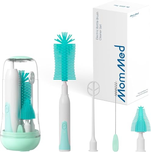 MOMMED goupillons électriques pour biberons, Brosse à biberon électrique rotative à 360°, Ensemble Comprenant Brosse en Silicone/Sucette/Paille et bâton mélangeur, Rechargeable, Vert