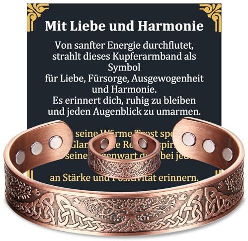 MagEnergy Kupferarmband & Ring – 99,99% Reines Kupfer, Magnetisches Armband mit 6 Magneten (3800 Gauss), Verstellbarer Gesundheits-Schmuck als Geschenk (Kupfer 356)