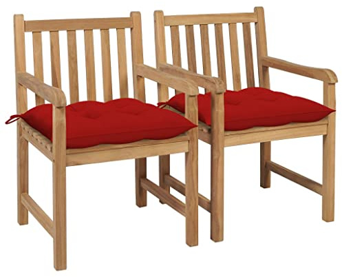 YuuSsea Trädgårdsstolar 2 st med röd kudde, massivt trä, teak, väderbeständig, bekväm med armstöd och ryggstöd för balkong, terrass, utomhus, camping, pool