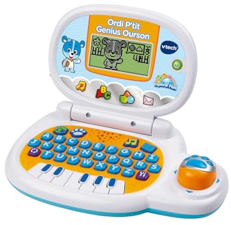 VTech - Ordi P'tit Genius Ourson Bleu, Ordinateur Portable Enfant avec Écran Rétroéclairé, Souris, 10 Jeux Évolutifs, Jouet Éducatif, Cadeau Enfant de 2 Ans à 5 Ans - Contenu en Français