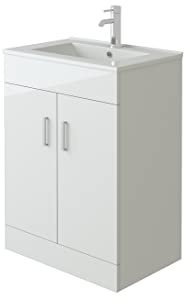 VeeBath Sphinx High Gloss White Free Standing Basin Vanity Cabinet Unit & Rectangular Sink - 600mm