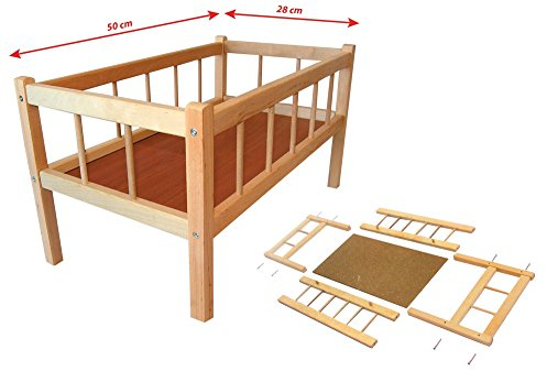 Rappa 112094 Großes Puppenbett aus Holz Naturholz - 50 cm Länge - Leichter Zusammenbau
