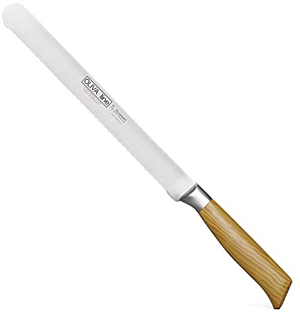 Burgvogel Solingen Tranchiermesser 26 cm geschmiedet Olivenholz, Oliva Line, rund, rostfrei, deutsches Aufschnittmesser mit Wellenschliff, hell, scharf, 6960.926.26.2, Braun Beige