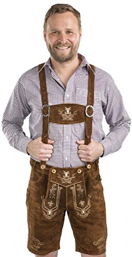 Schöneberger Trachten Couture Herren Lederhose kurz - Trachtenlederhose inkl. Hosenträger – Trachtenhose Echt-Leder Tracht Alpenjäger (62, mittelbraun)