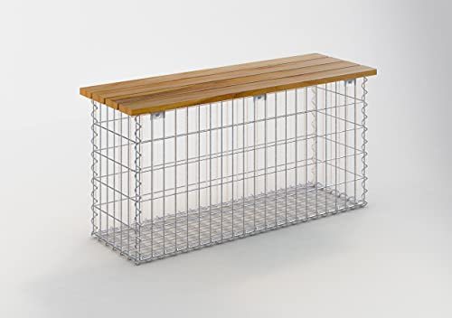 GABIONA - Gabionbänk med träsäte (teak) – trädgårdsbänk B x H x D): 105 x 50 x 30 cm – maskstorlek 5 x 10 cm