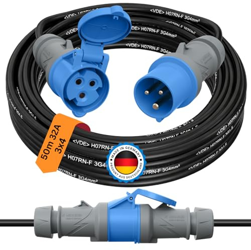 CEE Verlängerungskabel 50m 32A H07RN-F 3x4mm² mit MENNEKES Stecker & Kupplung 230V Kabel Outdoor Verlängerungskabel für Landstromanschluss Wohnmobil Caravan Camping Stromkabel & Werkstatt Industrie