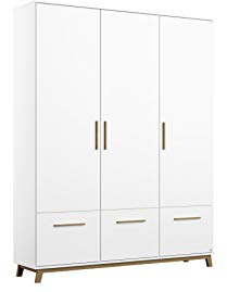 Rauch Möbel Carlsson Schrank Drehtürenschrank in Weiß, Griffe/Füße Eiche Massiv, 3-türig mit 3 Schubladen, inkl. Zubehörpaket Basic 1 Kleiderstange, 2 Einlegeböden BxHxT 136x203x53 cm