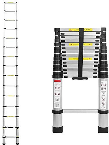 Alu Teleskopleiter 4,4 Meter DIY Stehleiter Stehleiter Anlegeleiter Mehrzweckleiter Leiter für Dachboden/Kletterdach/Büronutzung/Baujob Ausziehbar Aluleiter Rutschfeste Stufen 150 Kg Belastbar