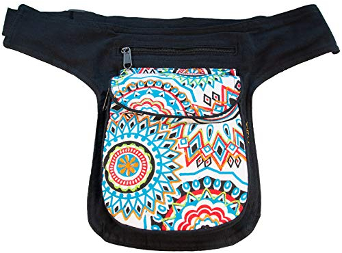 KUNST UND MAGIE Bauchtasche Mandala-Print Gürteltasche Festivaltasche Sidebag, Farbe:Schwarz/Weiß