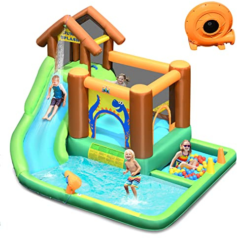 DREAMADE Aufblasbare Hüpfburg, Wasserpark mit Rutsche Planschbecken Kletterwand Wasserkanone Bällebad, Wasserrutsche für Kinder 3-10 Jahren, 368x303x230cm (mit Gebläse)