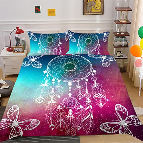 Timiany Traumfänger Bettbezug 135x200cm Weiß Feder Muster Bunt Serie Sternennacht Bettwäsche Set Weich Mikrofaser Exotisch Bohemian Federn Stil mit Kissenbezug 80x80cm