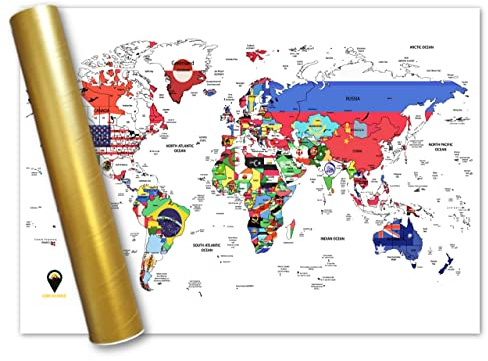Global Walkabout Map with Flags background – Deluxe Travel Size World Map Poster – Countries and Facts – Travel Gift (WHITE, SMALL)