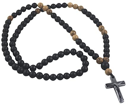 Katholische Holzperlenkette Mattschwarze Onyx-Kreuzkette Schlank Anhänger Halskette mit Flanell Tasche Kreuz von Jesus Halskette Lange Pulloverkette Kleidung Accessoires für katholische, christliche