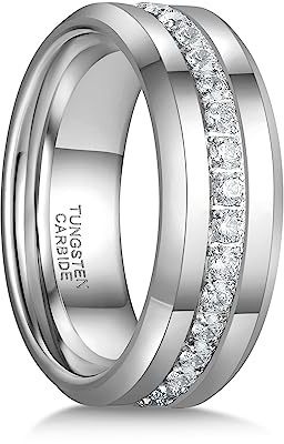 Greenpod 8mm Tungsten Carbide Rings for Men Silver Cubic Zirconia Eternity Wedding Band High Polish Comfort Fit Size 10