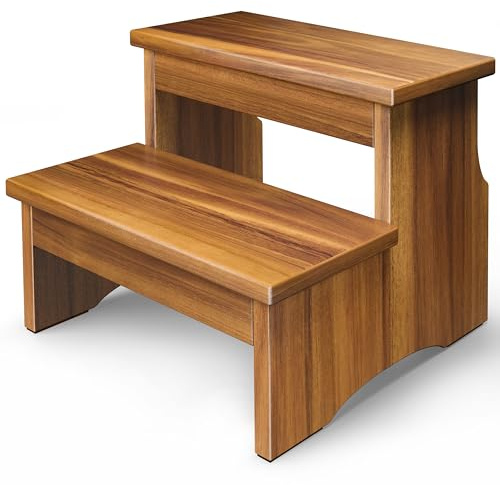 FANATU Wooden Two Step Stool, Heavy Duty 2-Step Ladder for Adults & Kids, Supports up to 450lbs for Kitchen, Bathroom or Bedside Use (Acacia Wood)