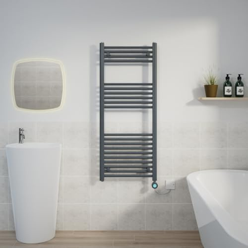 Warmehaus Electric Thermostatic Towel Radiators Straight Grey 1200x500mm | Timer, Prefilled, LCD Display, Child Lock, Dual Fuel, Mild Steel, Wall Mounted, Bathroom Ladder Towel Warmer
