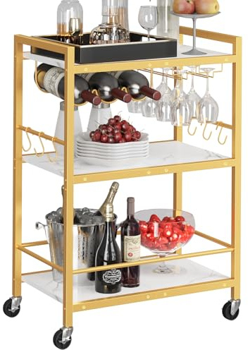 TUTOTAK Barwagen, Servierwagen für Zuhause, Mikrowellenwagen, Getränkewagen, mobiles Küchenregal mit Weinregal und Glashalter, rollender Getränkewagen BC01BMG030
