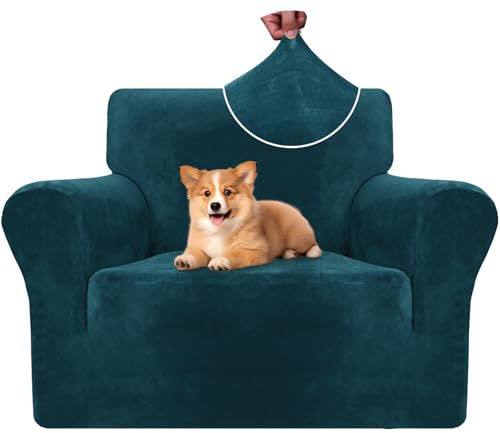 CYCMACO Samt Sofa Überzug 1 Sitzer, Sesselhusse Elastische, Couch Überzug Haustier Katze Hunde, Universal Sofa Cover Moderne, Sofahusse Mit Armlehnen, Sofaschoner rutschfest, Dunkel Grün