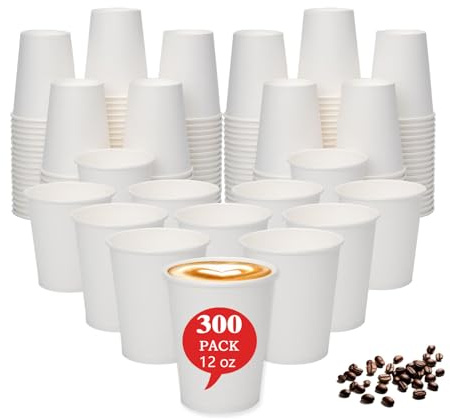 MOUMOULIFE Disposable Paper Coffee Cups 12 oz 300 Count Bulk, Leak-Proof White Coffee Cups for Hot & Cold Beverages, Party Supplies, Recyclable Paper Cups