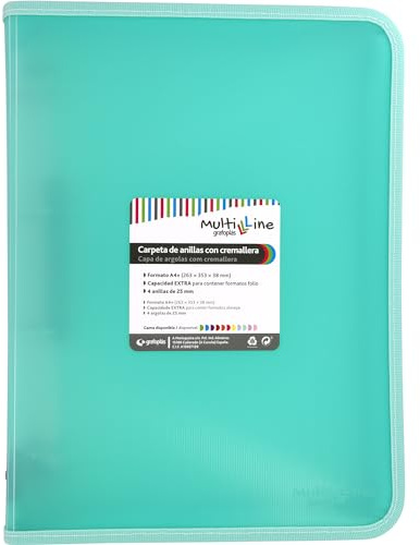 Grafoplás Raccoglitore ad anelli con cerniera A4+, menta pastello, Multiline, 4 anelli misti 25 mm, copertina in polipropilene a righe verticali, capacità extra per fogli di carta formato foglio