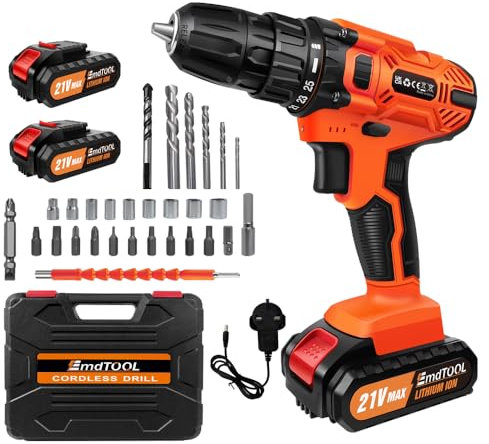 Cordless Drill Driver Set With 2 Batteries, Electric Screwdriver Kit, 25+1 Torque, 45N.m Max, 3/8 Keyless Chuck, LED, 2 Speed Combi Hammer Driver, 26 Drill Bits, Kitbox