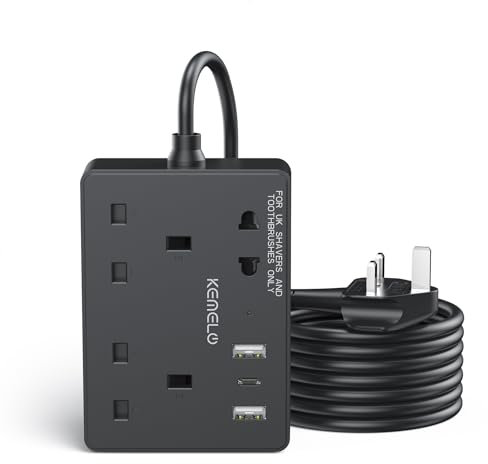 Extension Lead with 3 USB Slots,3 Way Mini Extension Cable（2 13A/3250W UK Sockets and 1 Shaver/Toothbrush Plug),3 Meter Extension Cord Multiple Protection Extension Lead,Multi Plug for Home,Office