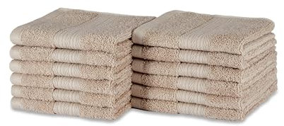 Amazon Basics Face Towel Set for bathroom, 100% Organic Cotton Face Cloths 30 x 30 cm, Taupe, 12-Pack