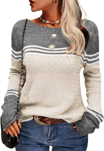 CheChury Jersey Mujer Invierno Punto Cuello Redondo Suéter Manga Larga Basico Bloque de Color Rayas Oversize Otoño Suelto Sweater Casual Blusas