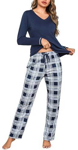 Litherday Pyjama Femme Hiver Ensembles de Pyjama Coton Col en V | Vêtements de Nuit à Manches Longues Imprimé à carreaux Automne Vêtement d'Intérieur