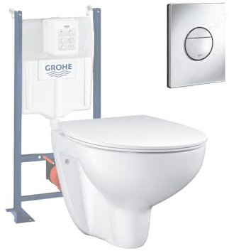 Pack WC sans bride Bau Ceramic Set de toilette Slim avec abattant + Bâti support Rapid SL + Plaque de commande WC rond chromé