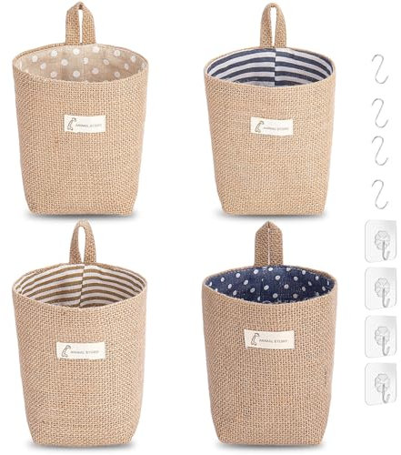 4 Stück Hängeorganizer Hängekörbchen, Aufbewahrungskorb zum Aufhängen Wandorganizer Hängend Hängeaufbewahrung Faltbar Aufbewahrungstasche mit S Griff und J Haken
