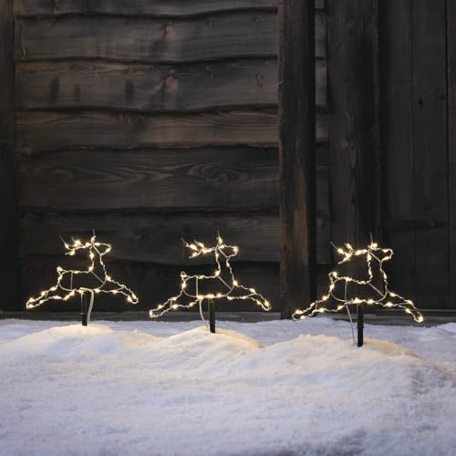 Lights4fun 3er Set Mini LED Rentier Stableuchten mit Timer 20cm warmweiße Weihnachtsdeko Außenbereich Rentier Gartenstecker Weihnachten