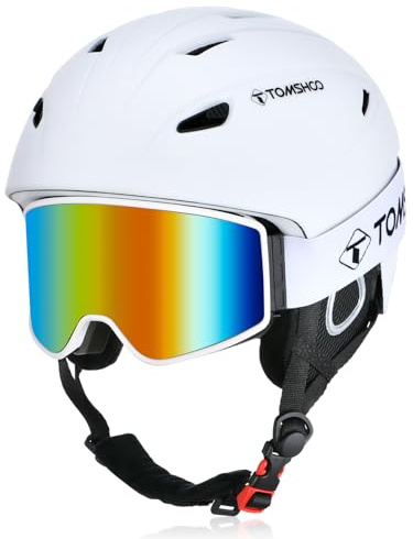 TOMSHOO Skidhjälm-set, snowboardhjälm med skidglasögon, öronskydd, ventilationsöppningar, skidhjälm och glasögon för män och kvinnor, M, vit