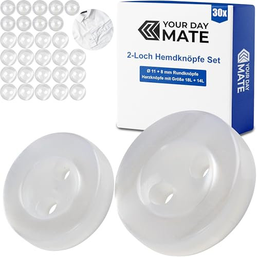 Knöpfe Set, für Hemden und Blusen, 30 Stück, 2-Loch, Ø 11 + 8 mm, in Klar, aus Kunstharz, Größe 18L + 14L, Harzknöpfe für Jacke, Mantel, Hemd, Bluse, Poloshirt, DIY Knopf Polyester, Wäscheknöpfe