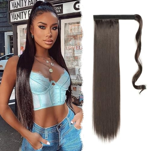 GIDWRIY Postiche Queue de Cheval Naturelle 55 cm - Extension Cheveux Longues Raides Synthétique pour Femmes